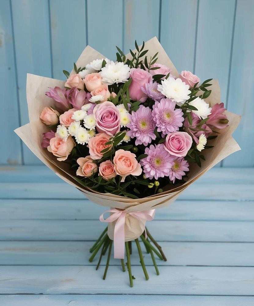 Букет цветов из: Хризантемы, Розы и Альстромерии в Полевой