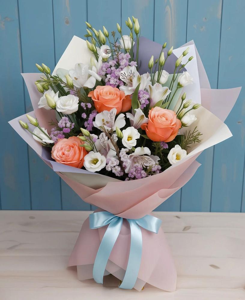 Букет цветов из: Лизиантусы, Розы, Альстромерии и Гипсофила в Полевой