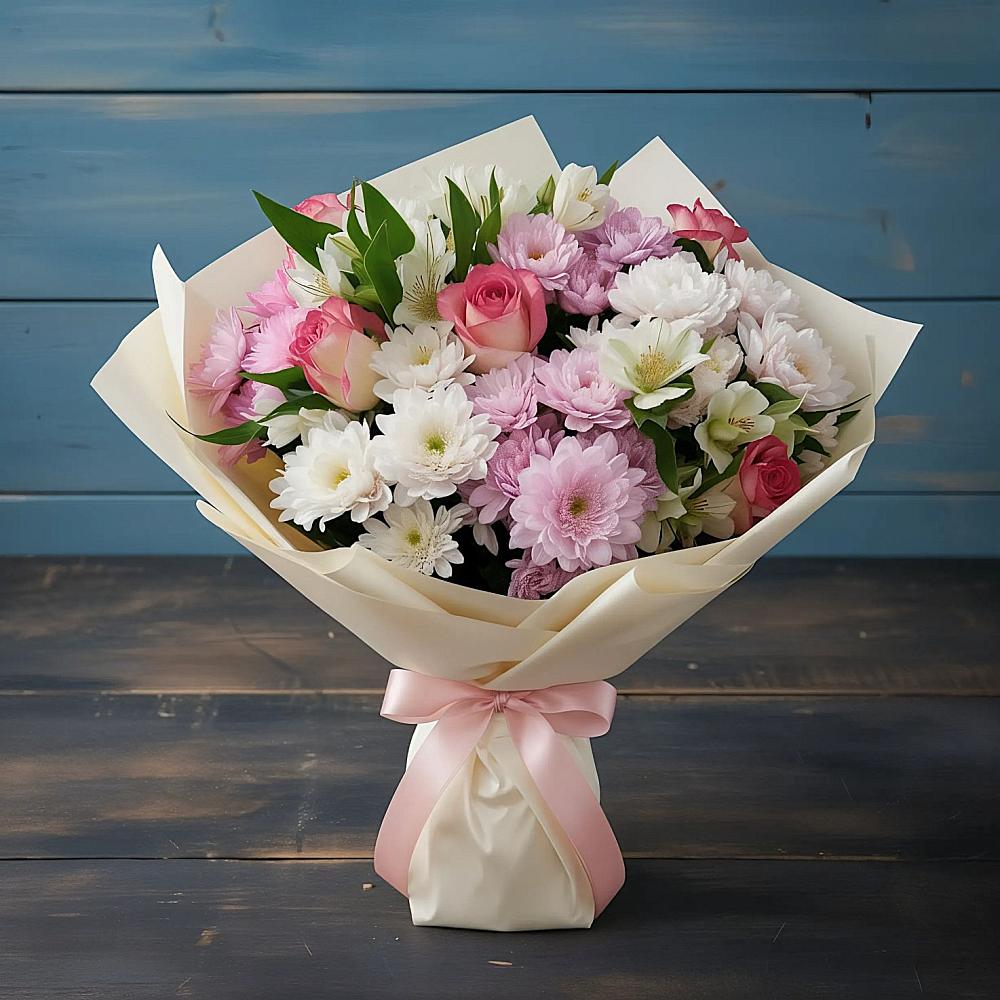 Букет цветов из: Хризантемы, Альстромерии и Розы в Полевой